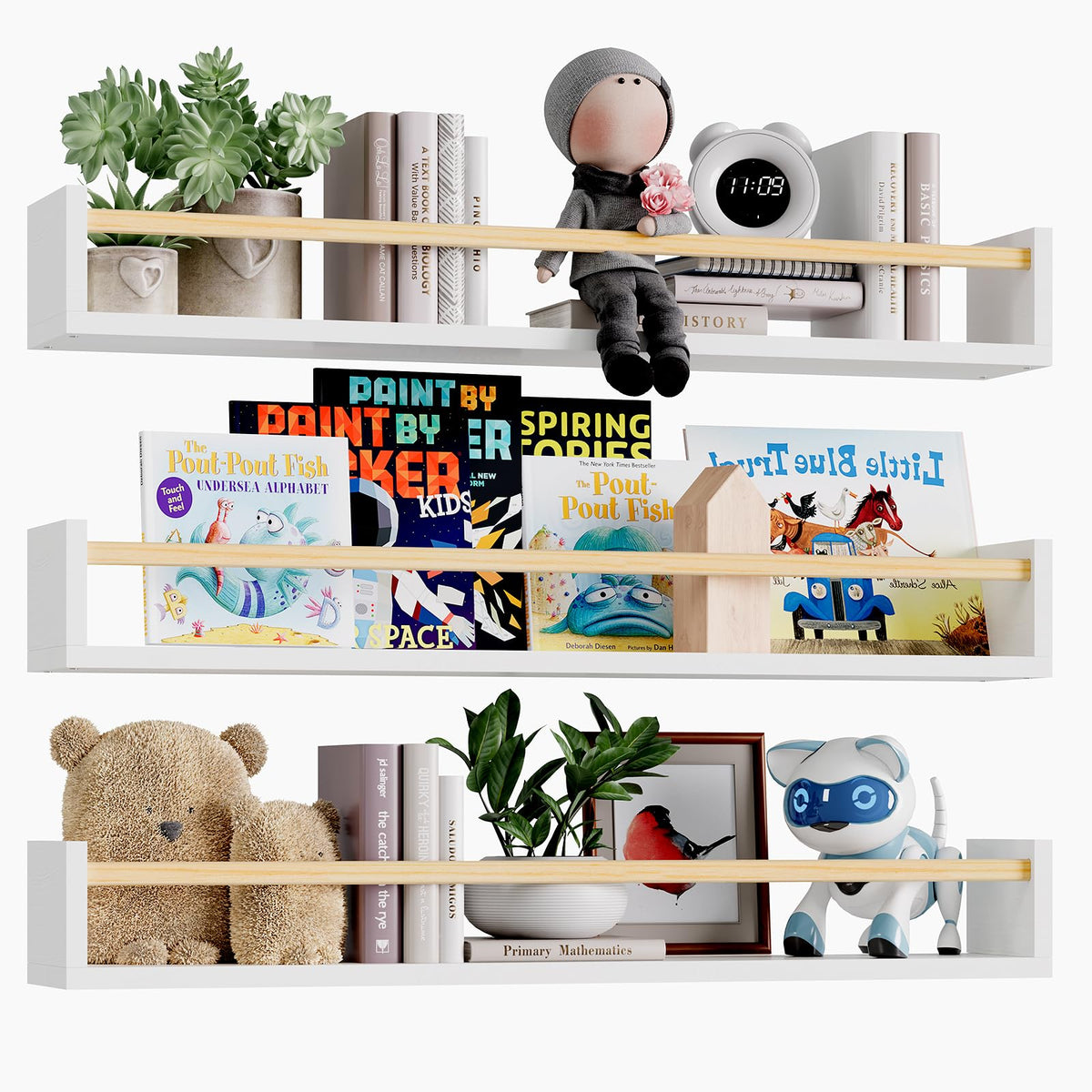 Fixwal front view of three white floating shelves showing tidy nursery benefit