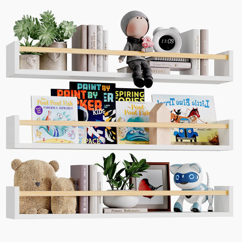 Fixwal front view of three white floating shelves showing tidy nursery benefit