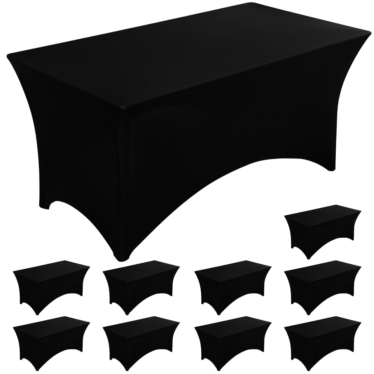 Fixwal front view of fitted 6ft black tablecloth showing snug coverage and clean lines