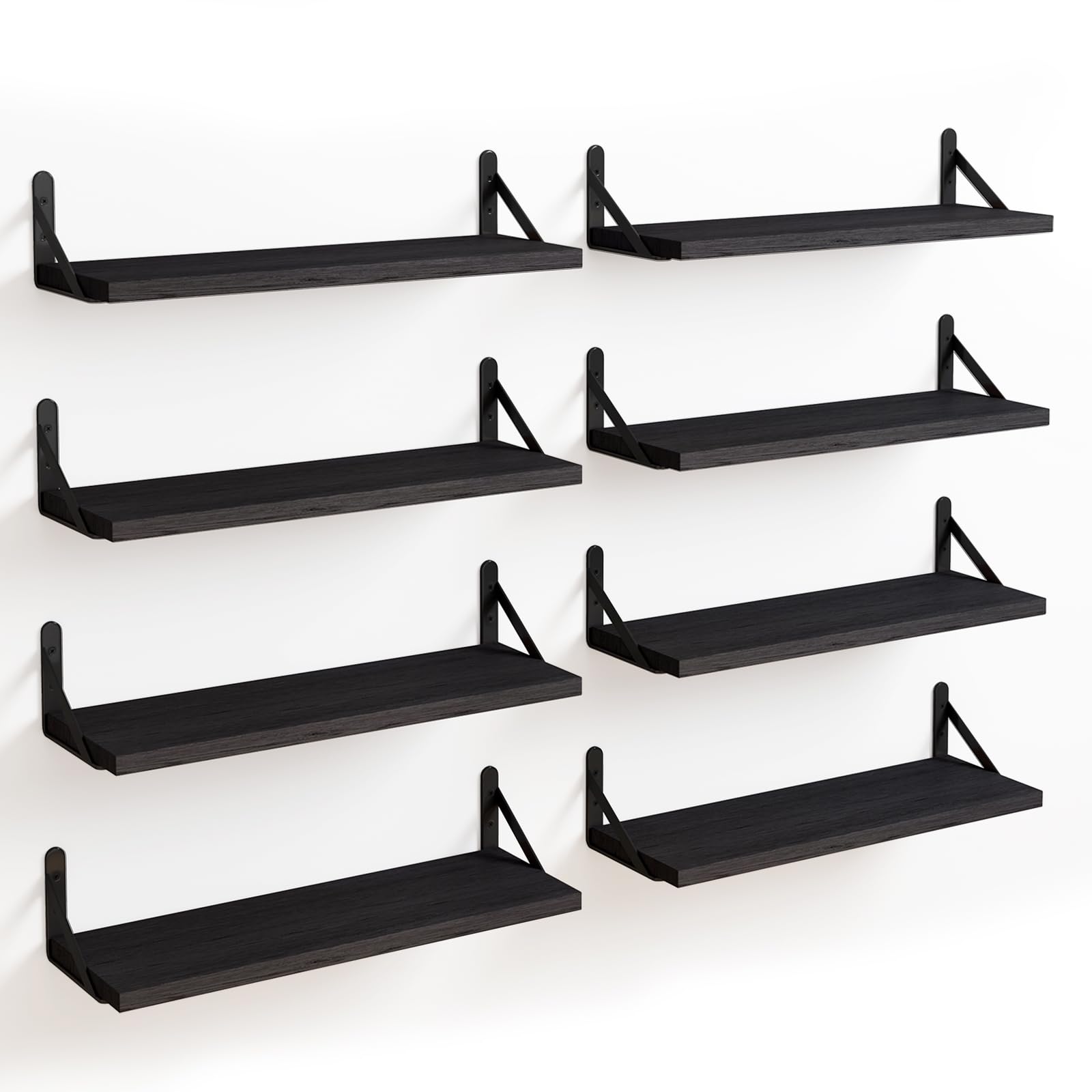 Fixwal front view of eight black floating shelves showing sleek storage benefit