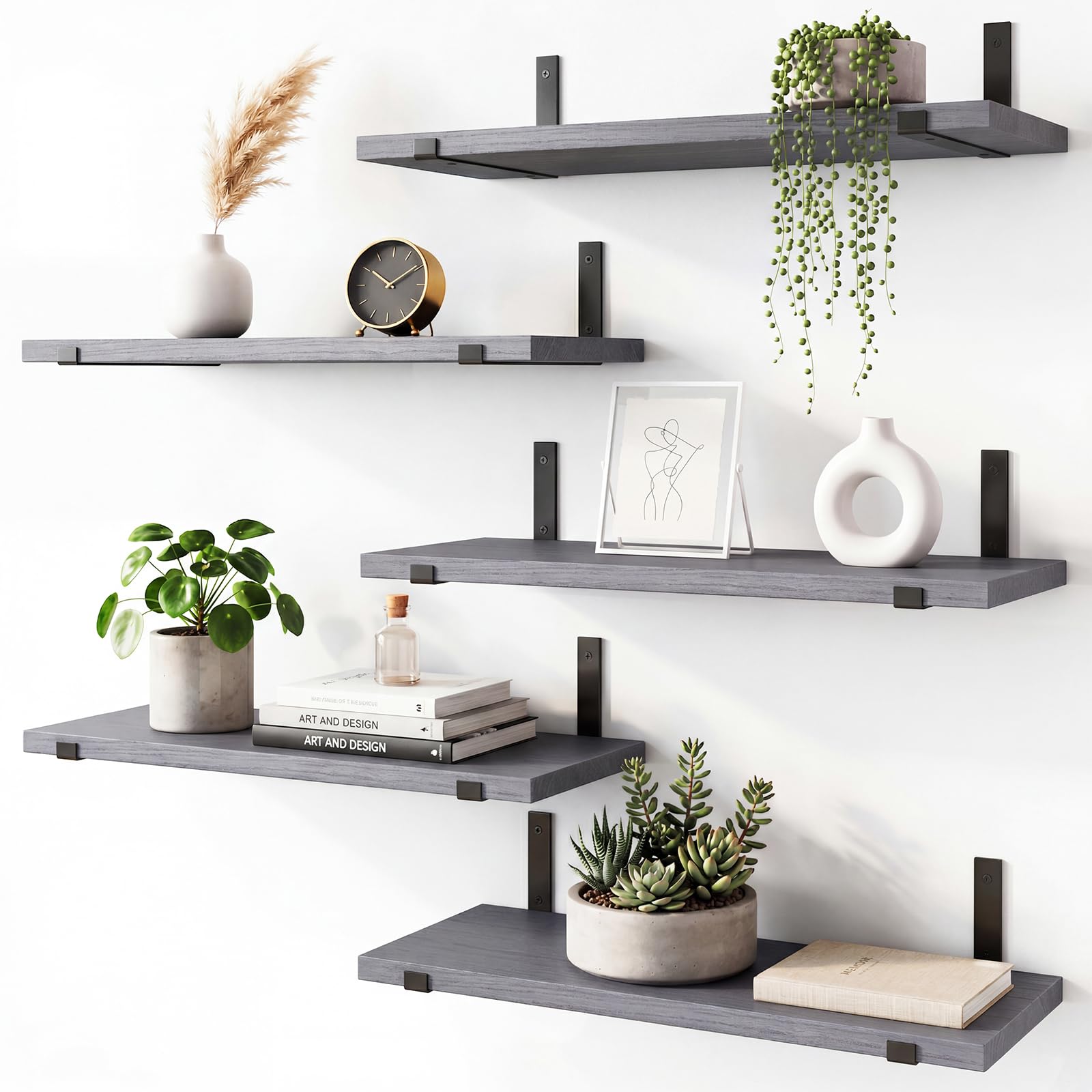 Fixwal front view grey shelves showing clean floating profile and storage benefit