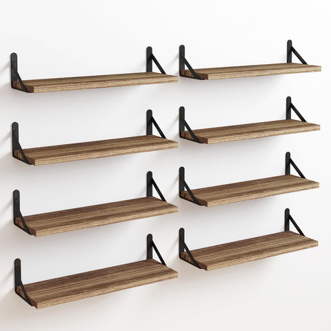 Fixwal front view of eight light carbonized floating shelves showing clean storage benefits