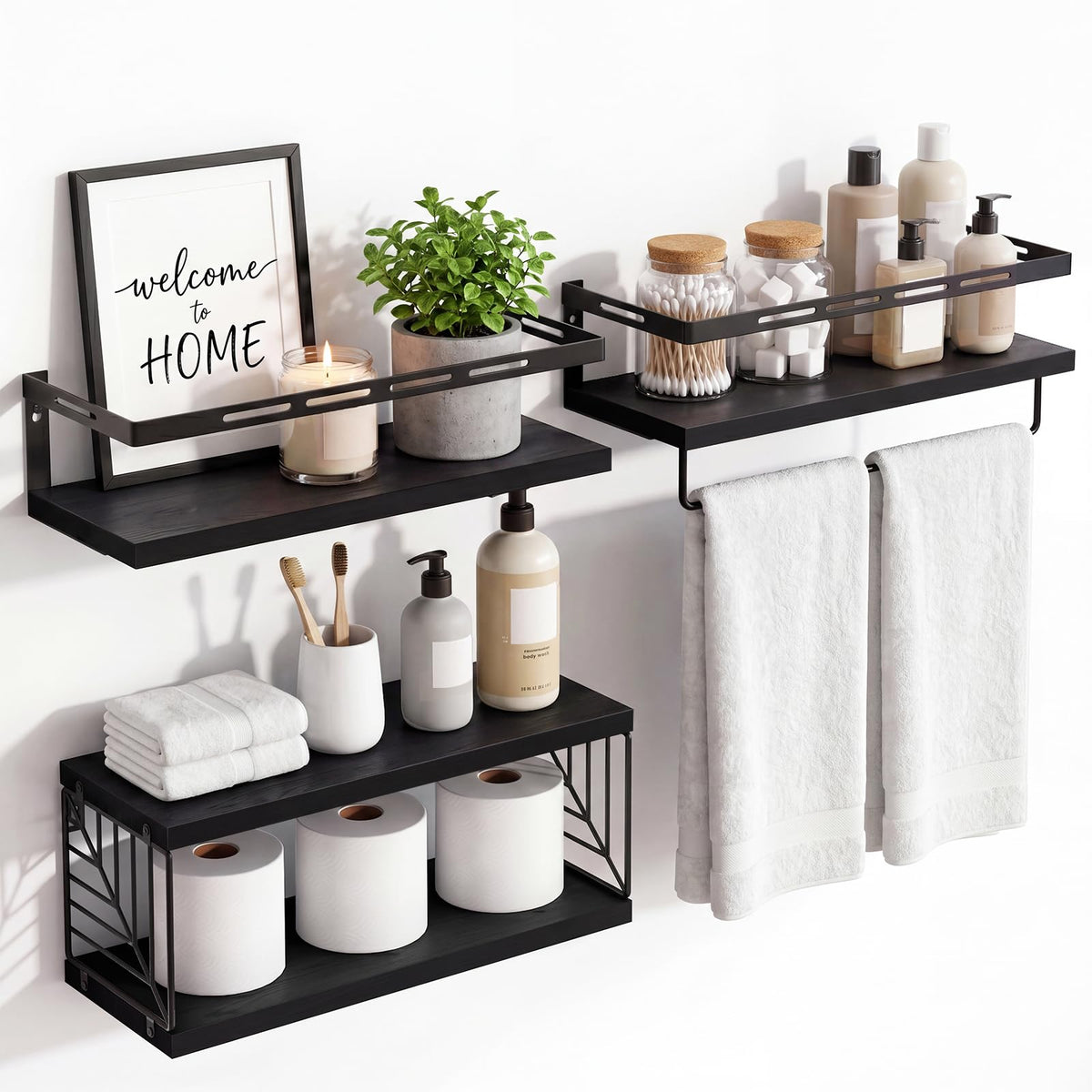 Fixwal front view over-toilet shelf showing organized storage and space savings