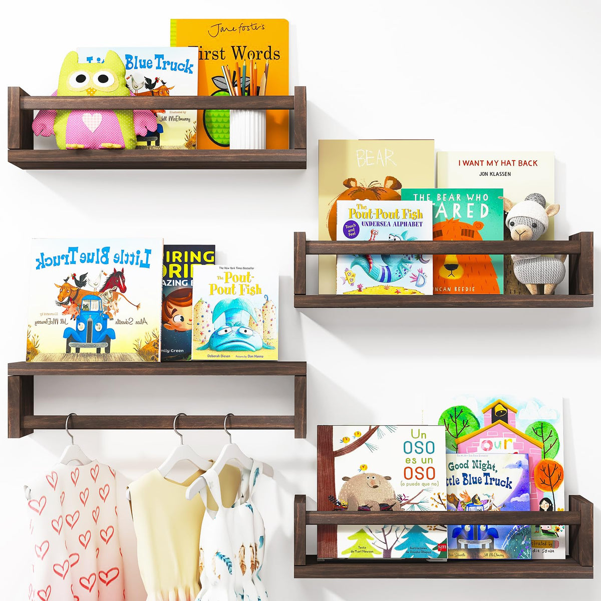 Fixwal front view of four brown shelves showing neat book display and easy reach