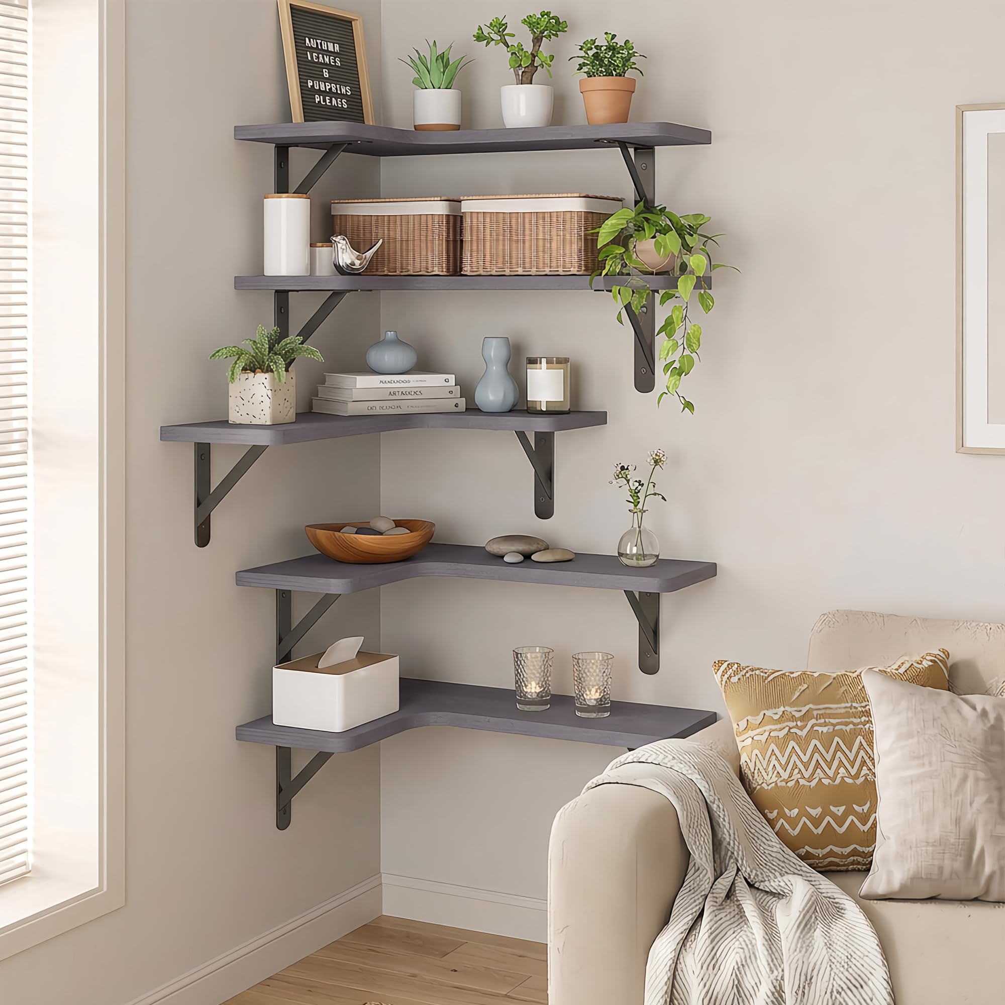 Fixwal installed kitchen corner shelves organizing spices and mugs efficiently