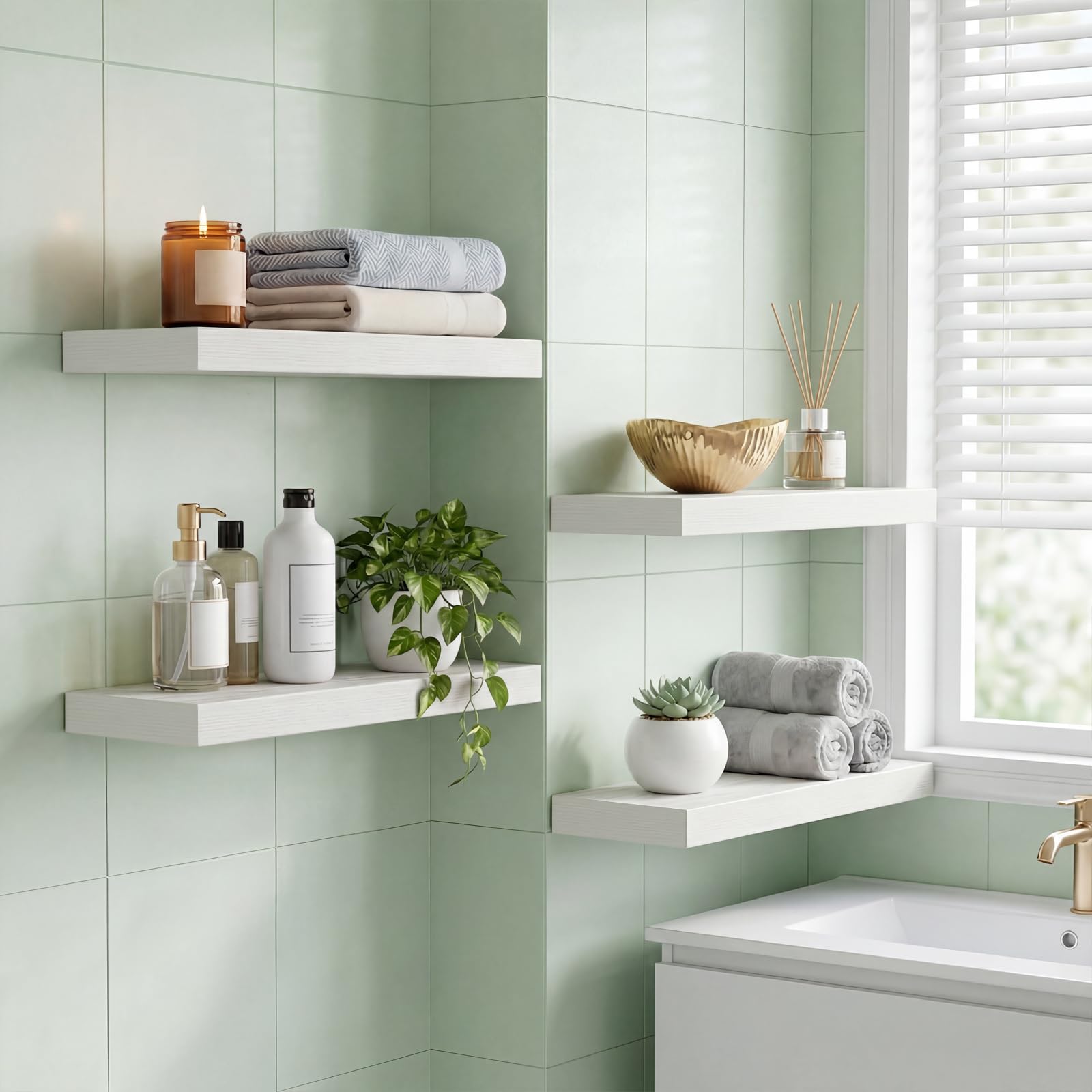 Fixwal shelves installed in a kitchen holding spice jars to save counter space