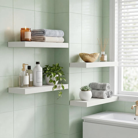 Fixwal shelves installed in a kitchen holding spice jars to save counter space