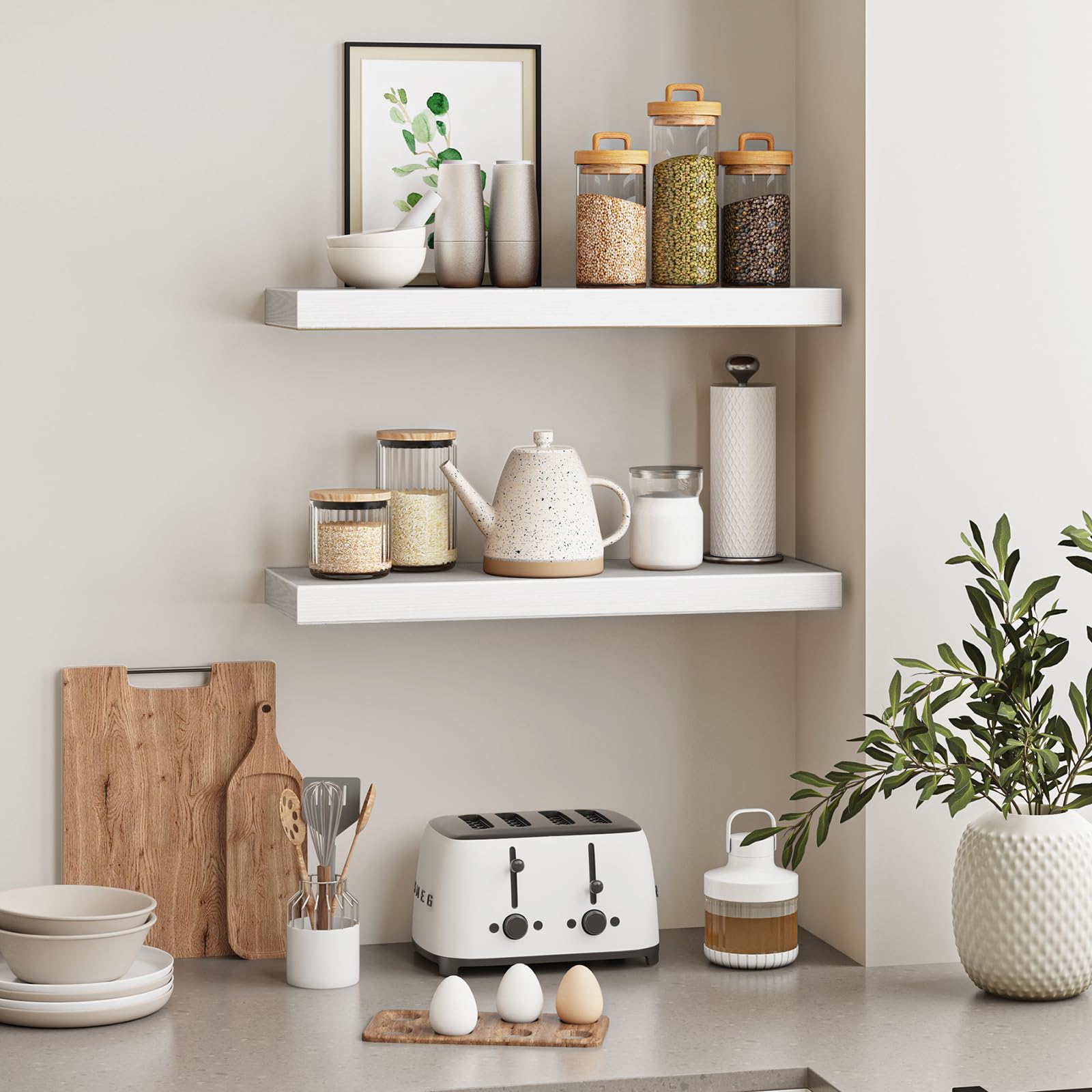 Fixwal shelf in kitchen holding spices and small jars to maximize counter space benefit