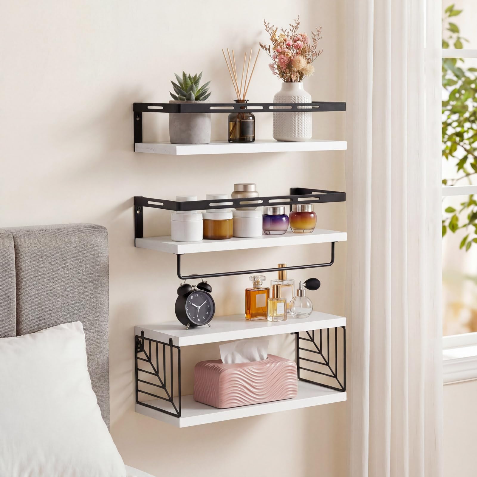 Fixwal lifestyle bathroom styling in white showing tidy decorative storage