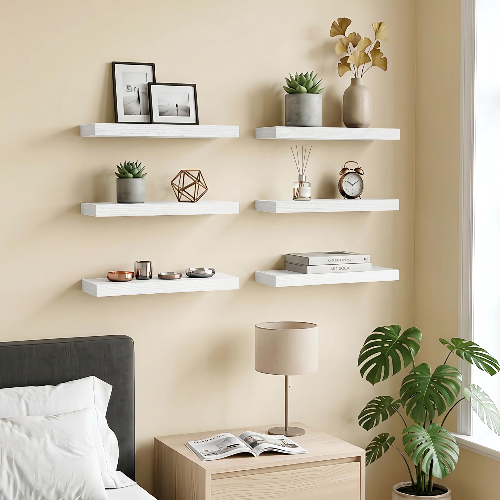 Fixwal shelves in a kitchen displaying jars and mugs for space-saving benefit