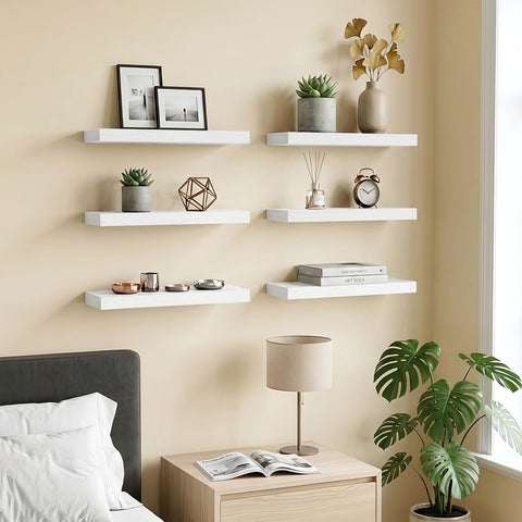 Fixwal shelves in a kitchen displaying jars and mugs for space-saving benefit