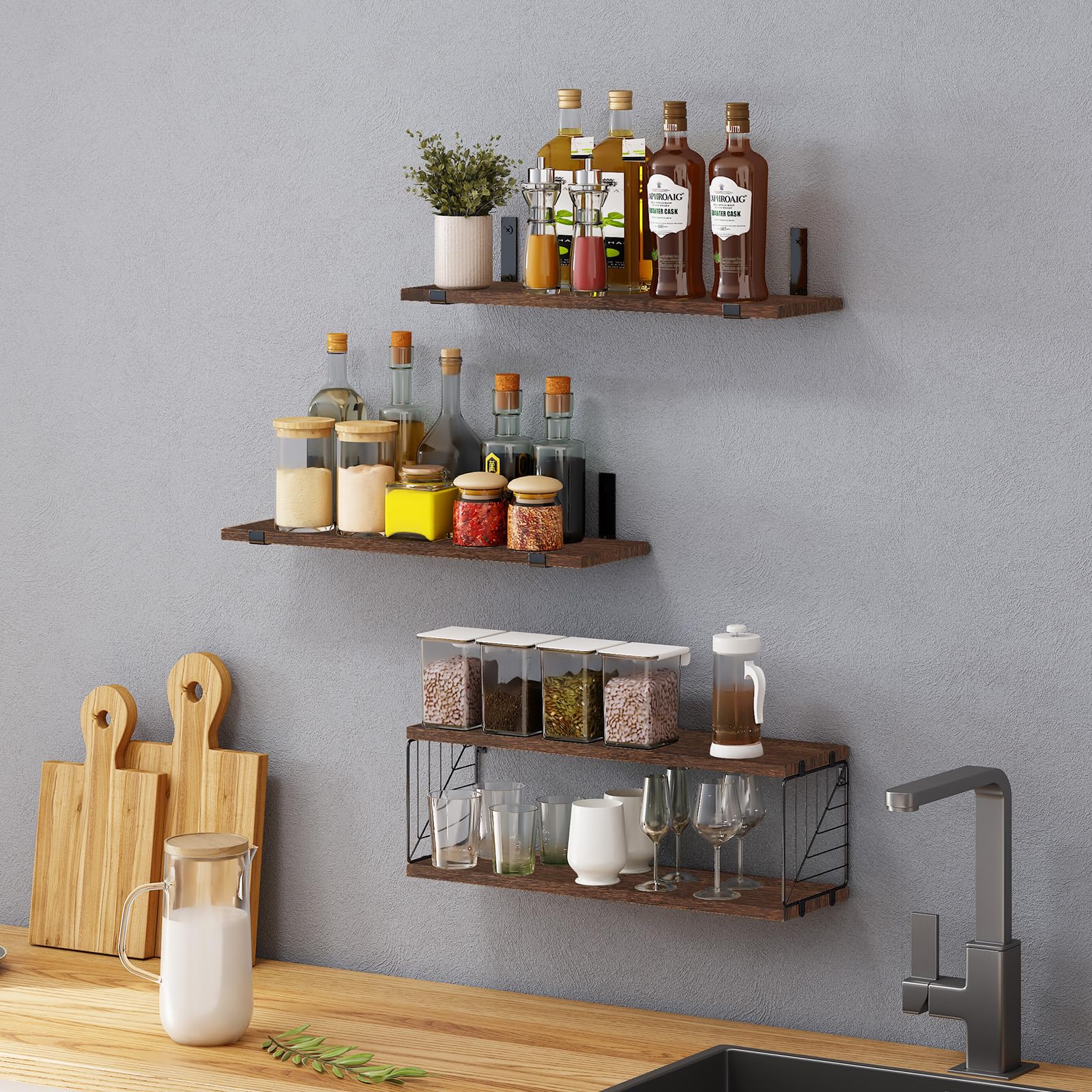 Fixwal styled in rustic bathroom conveying warm decorative storage