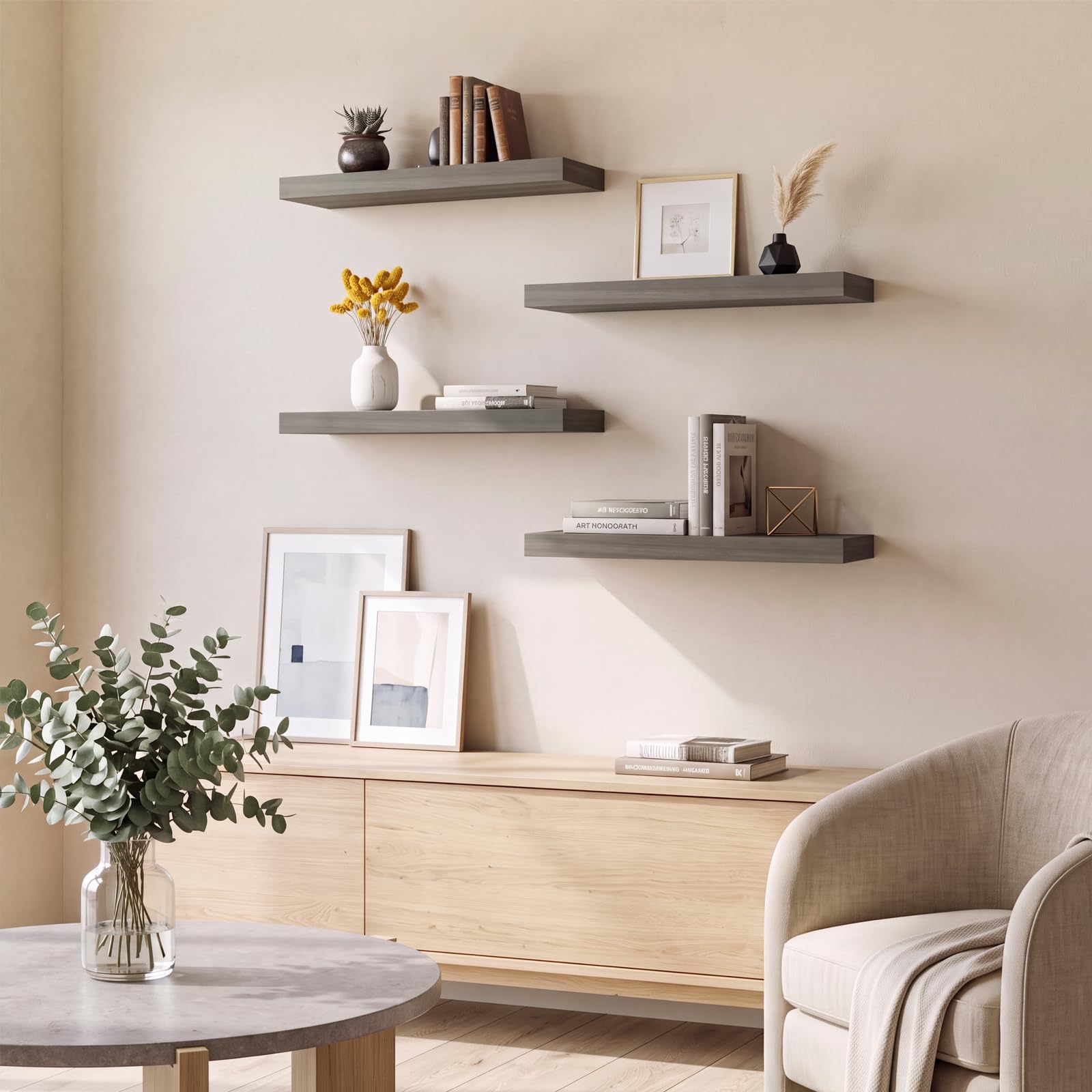 Fixwal shelves styled in living room with books and plants to elevate décor