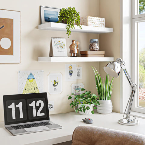 Fixwal shelf in living room displaying decor and saving surface space benefit