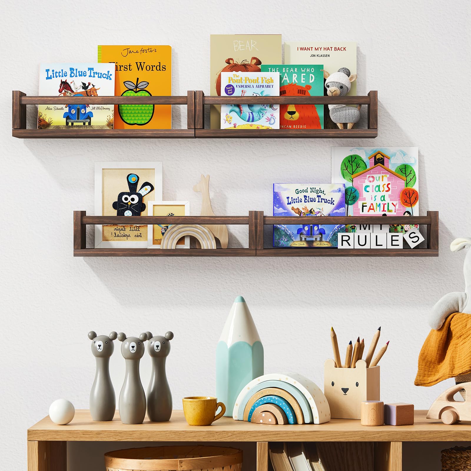 Fixwal shelves mounted above a nursery dresser organizing toys and décor