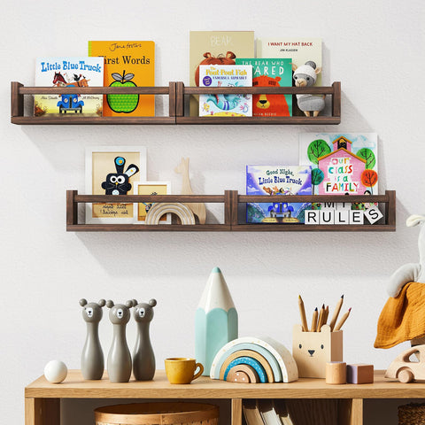 Fixwal shelves mounted above a nursery dresser organizing toys and décor