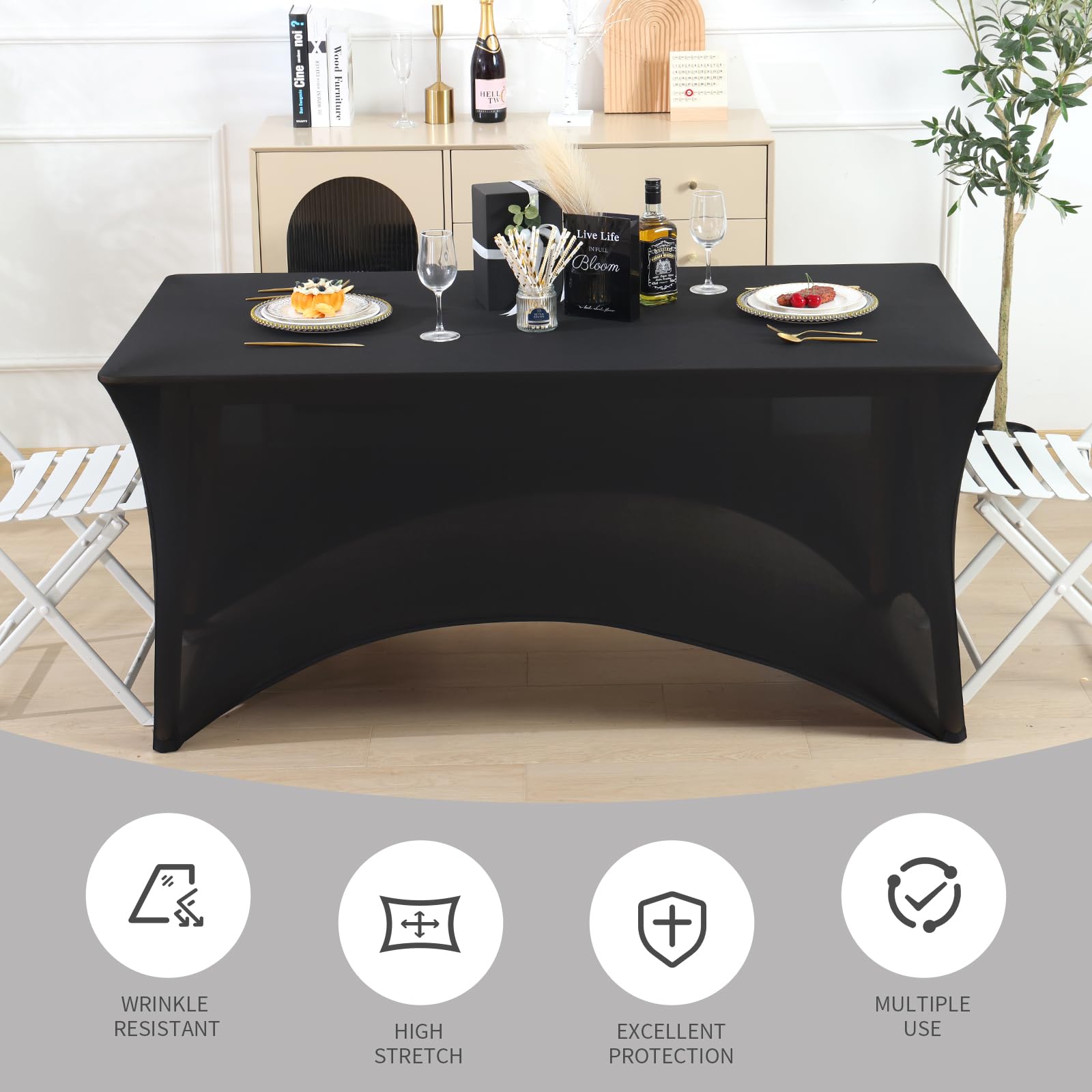 Fixwal table cover beside measuring tape confirming 96 inches fit for 8ft table