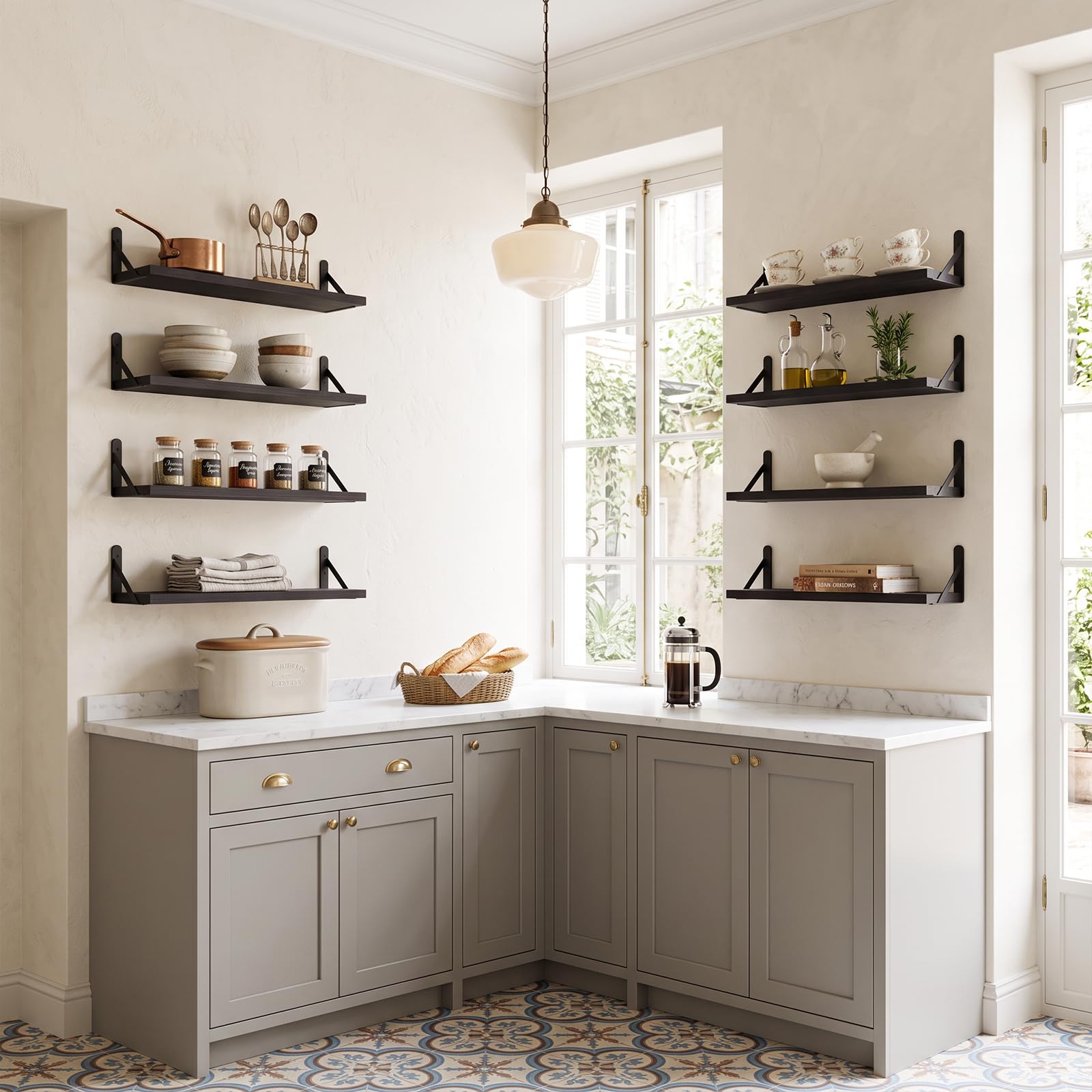 Fixwal shelf installed in kitchen with spices showing organized counter-space benefit