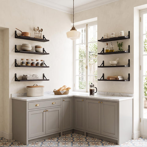 Fixwal shelf installed in kitchen with spices showing organized counter-space benefit