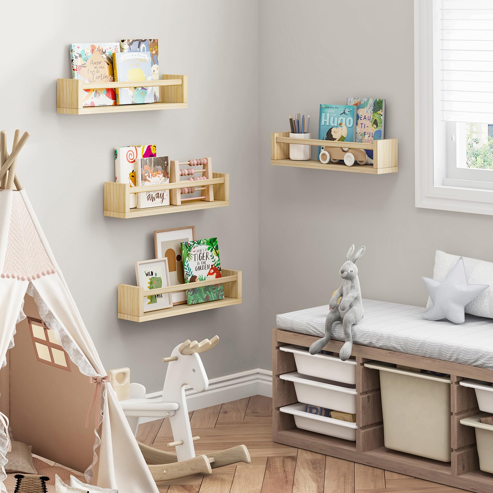 Fixwal shelf in nursery with books and toys demonstrating easy access for children