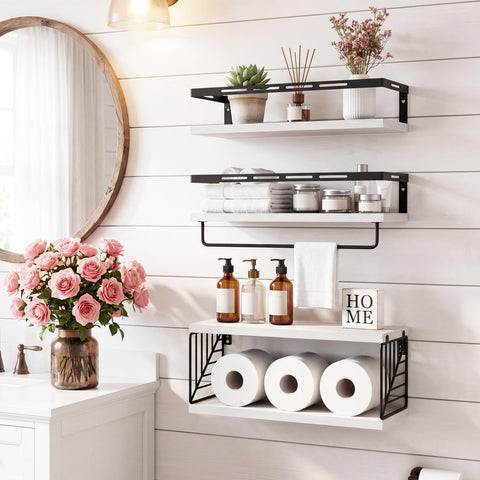Fixwal shelf in use holding towels and bottles for organized storage