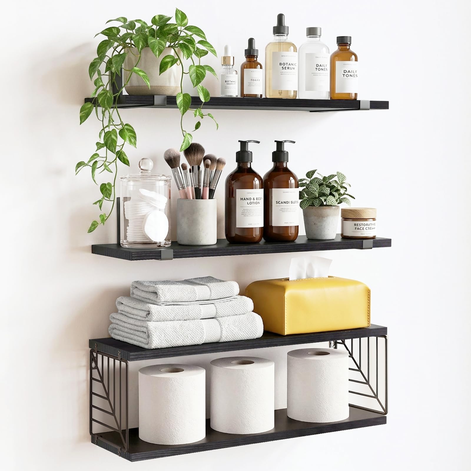 Fixwal front view of black floating shelves showing rustic storage and style