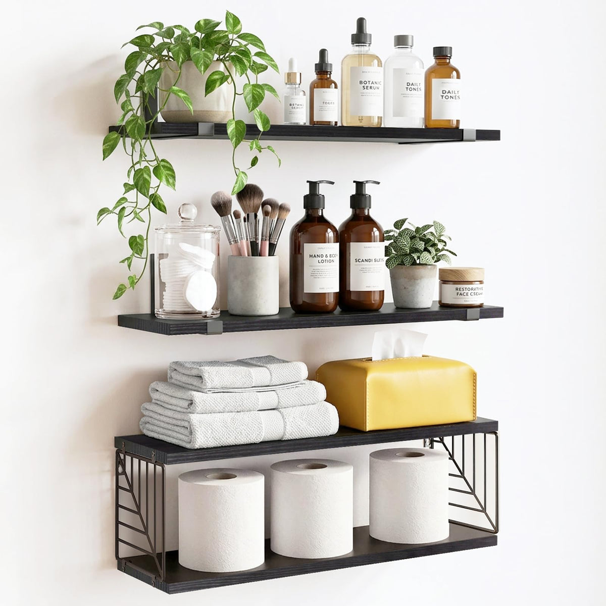 Fixwal front view of black floating shelves showing rustic storage and style