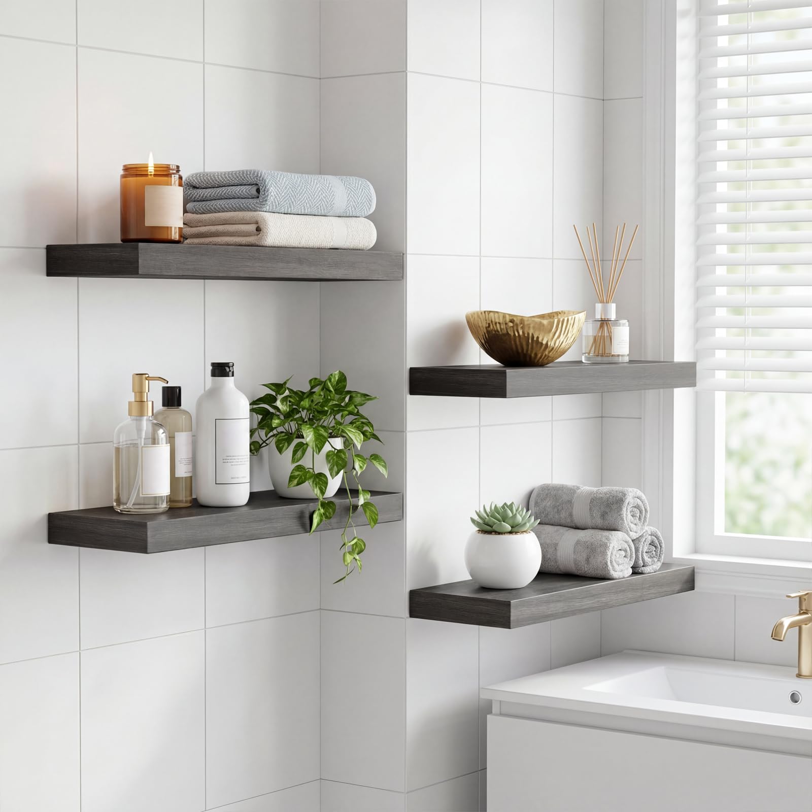 Fixwal shelves in kitchen holding spice jars to save counter space and organize