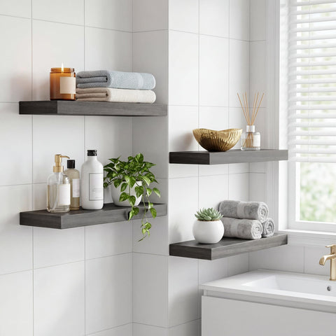 Fixwal shelves in kitchen holding spice jars to save counter space and organize