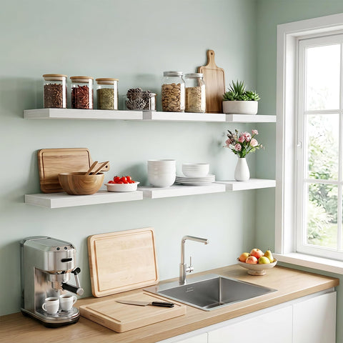 Fixwal shelves beside common items to show 15.7 inch scale and fit benefit