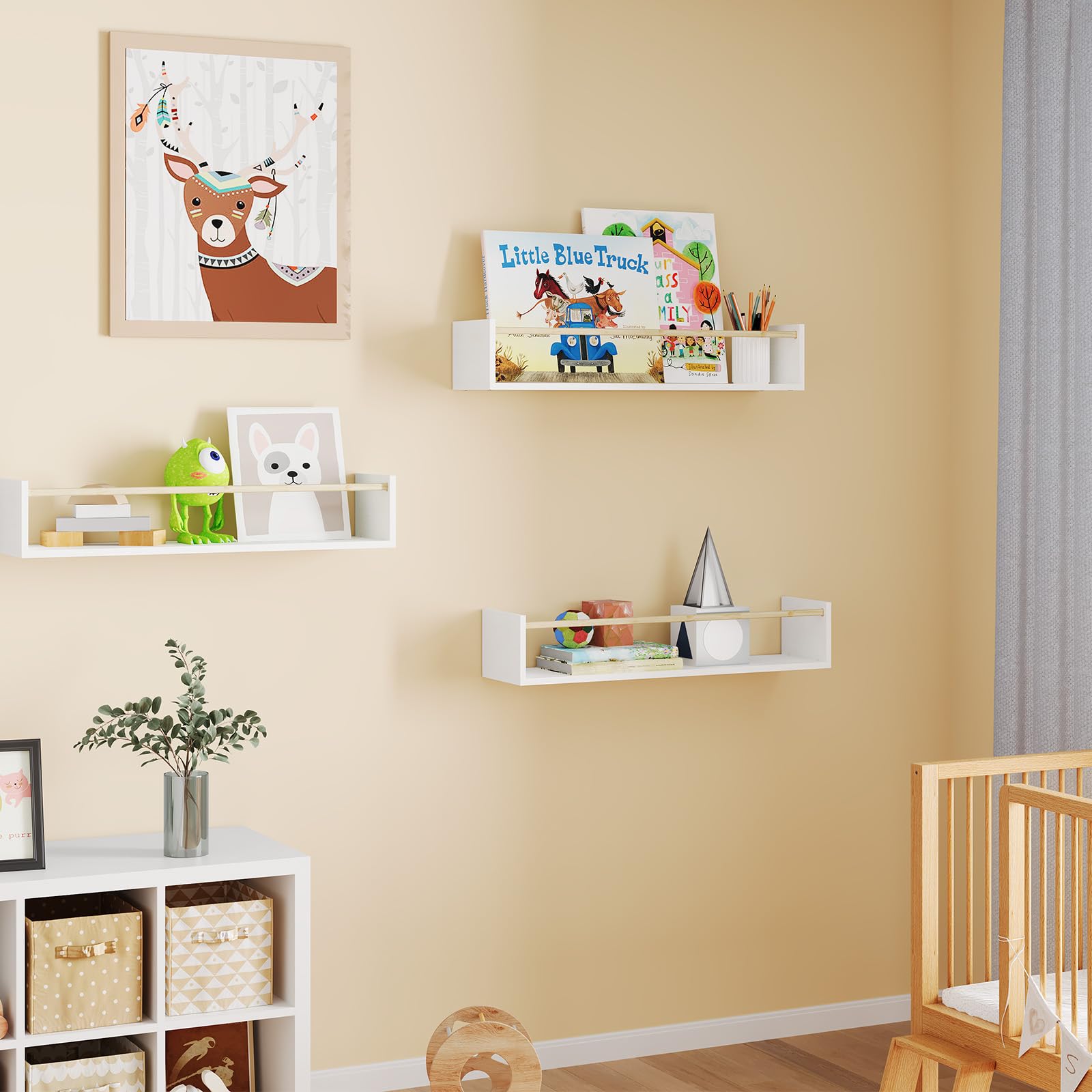 Fixwal shelf mounted upside down with hangers to store baby clothing