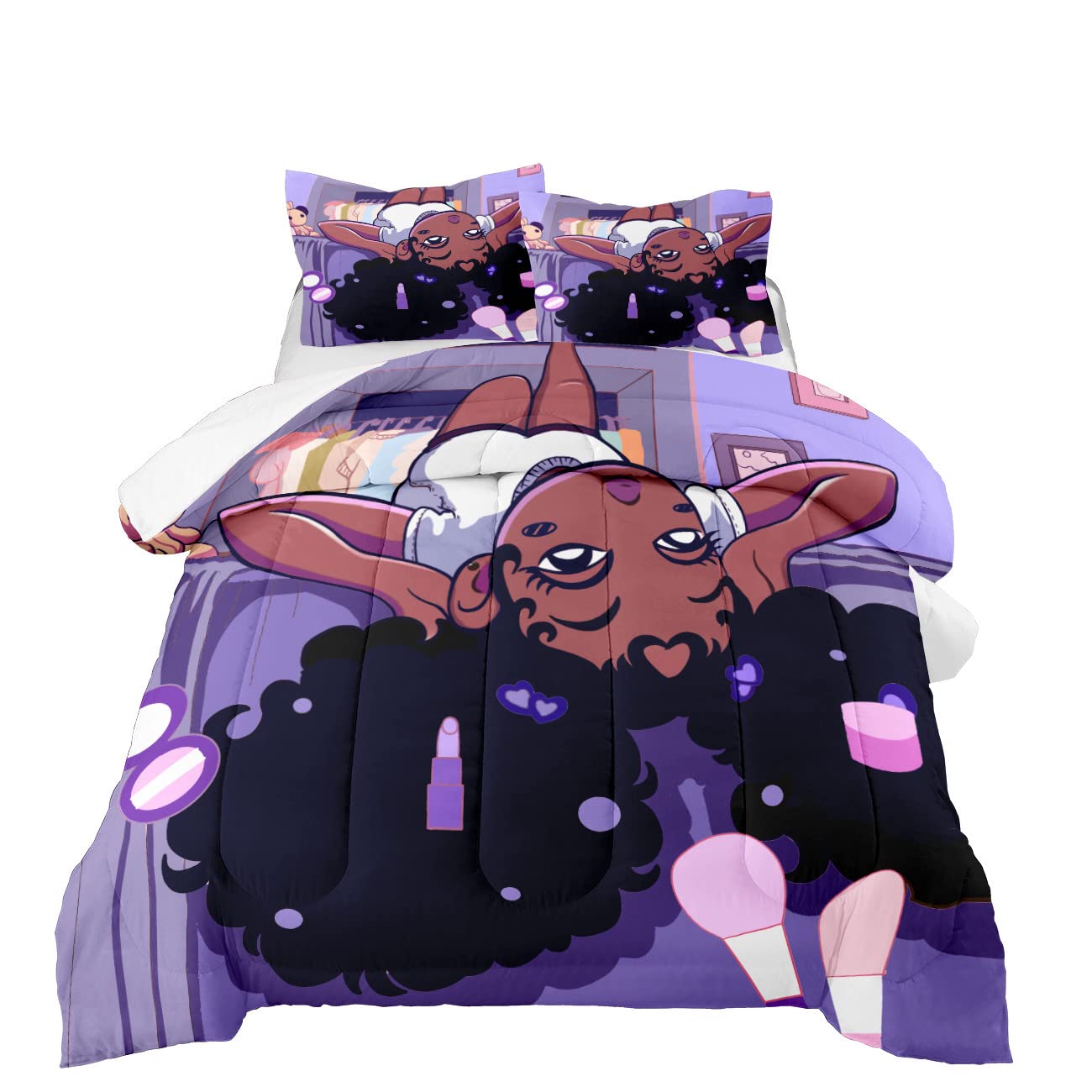 FJKJHKGJ front view of comforter showing Black girl artwork and cozy look