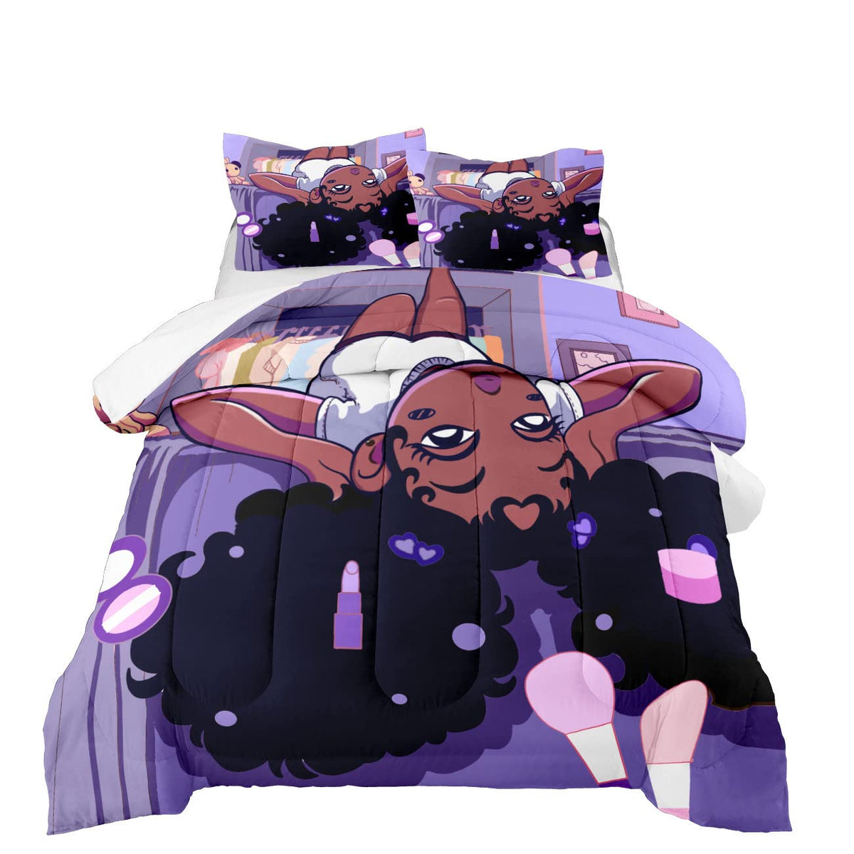 FJKJHKGJ front view of comforter showing Black girl artwork and cozy look