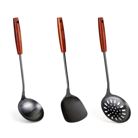 FJNATINH front view of the wok spatula and ladle set showing full length and finish