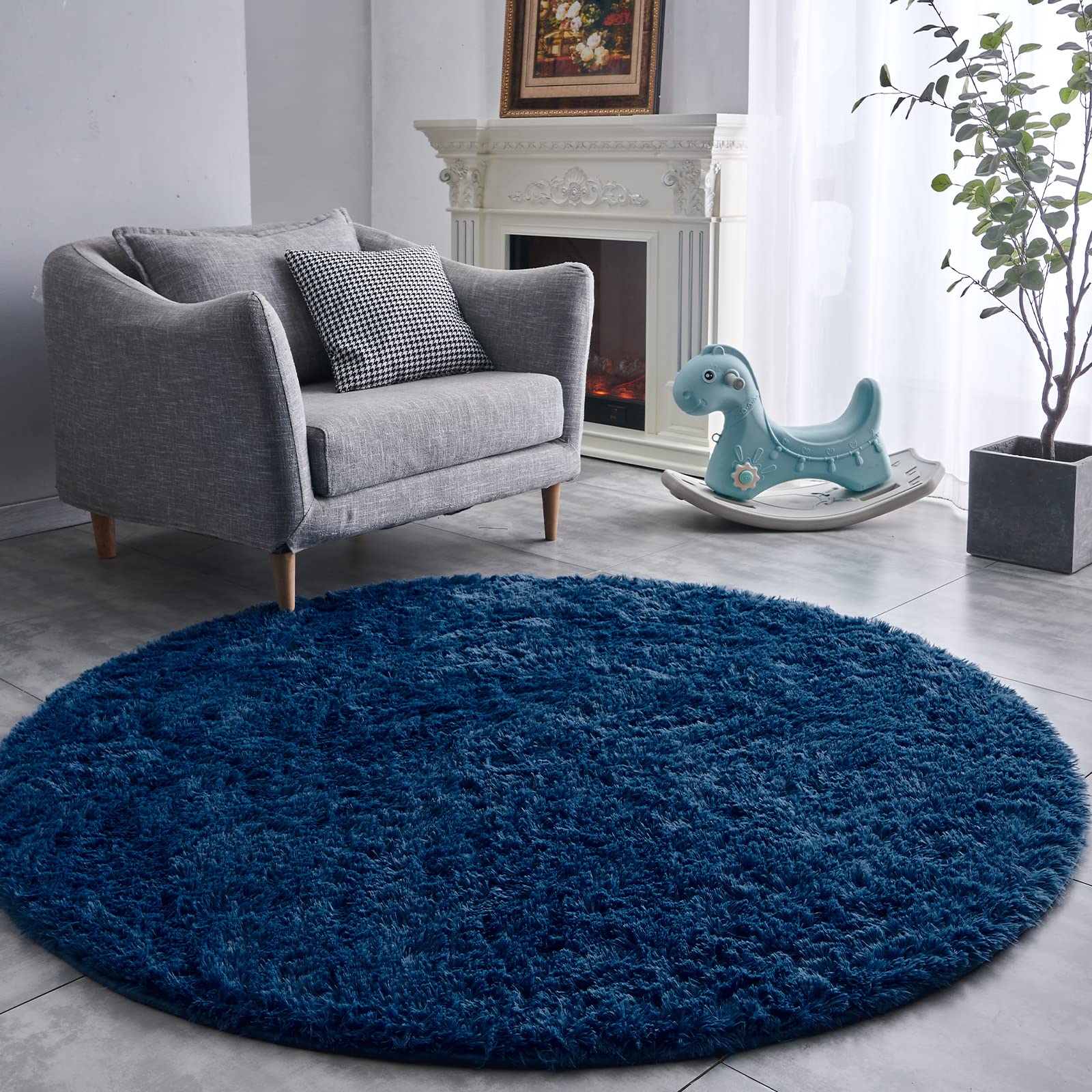 FJZFING navy blue rug front view showing soft plush and modern look