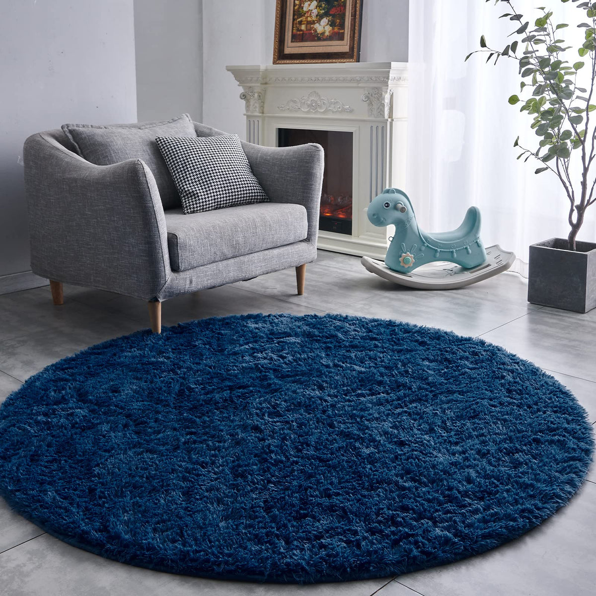 FJZFING navy blue rug front view showing soft plush and modern look