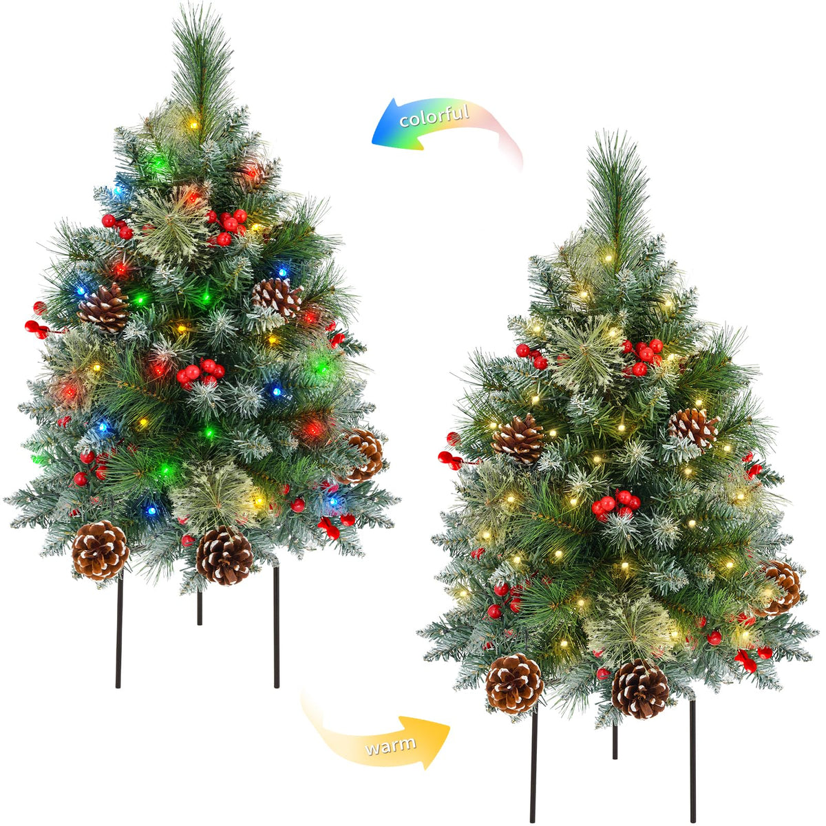 FLAGLY front view of two 27-inch pre-lit trees showing festive curb appeal
