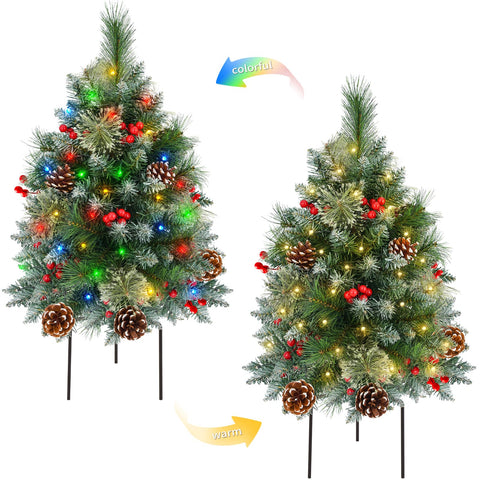 FLAGLY front view of two 27-inch pre-lit trees showing festive curb appeal