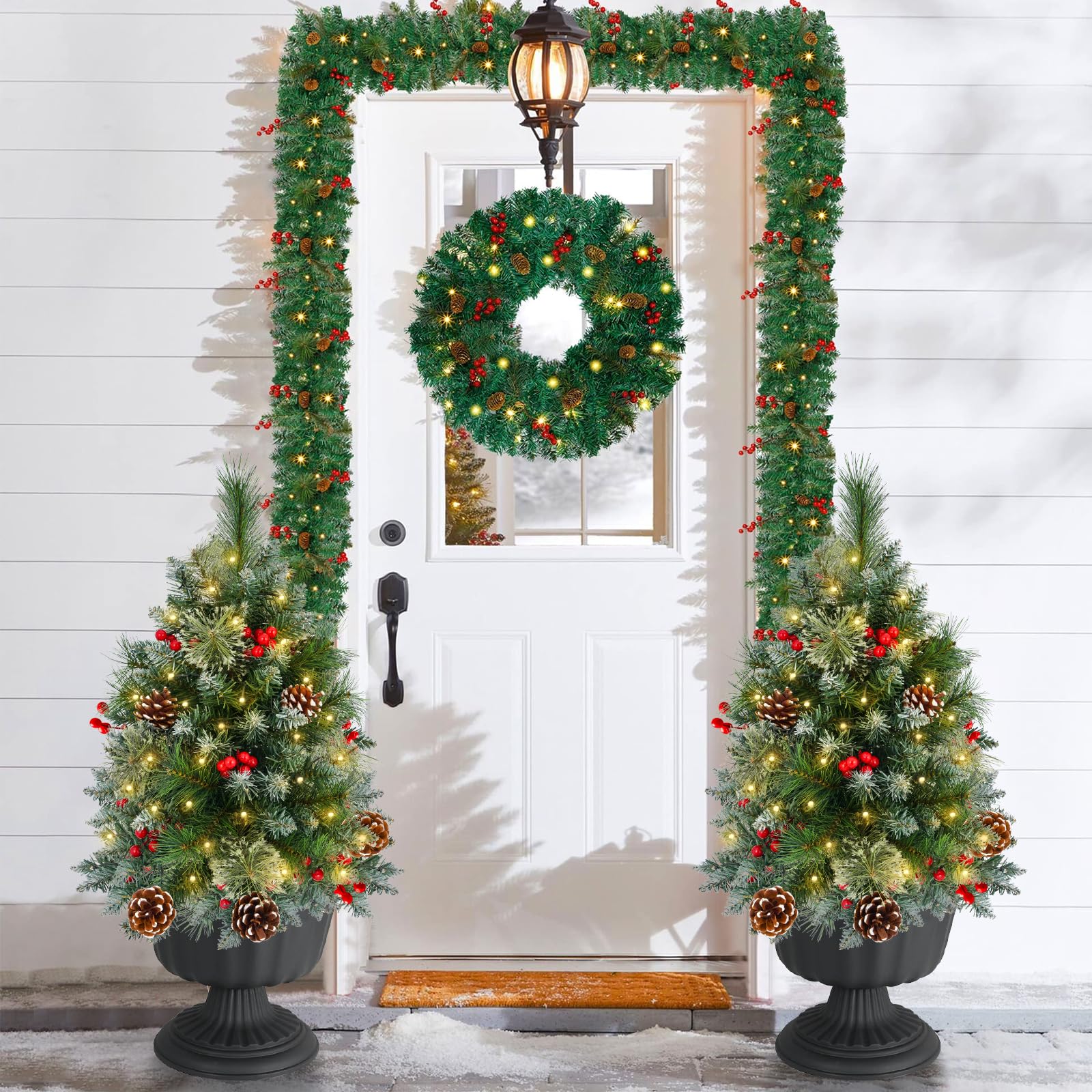 FLAGLY trees staged in porch urns creating a welcoming entrance
