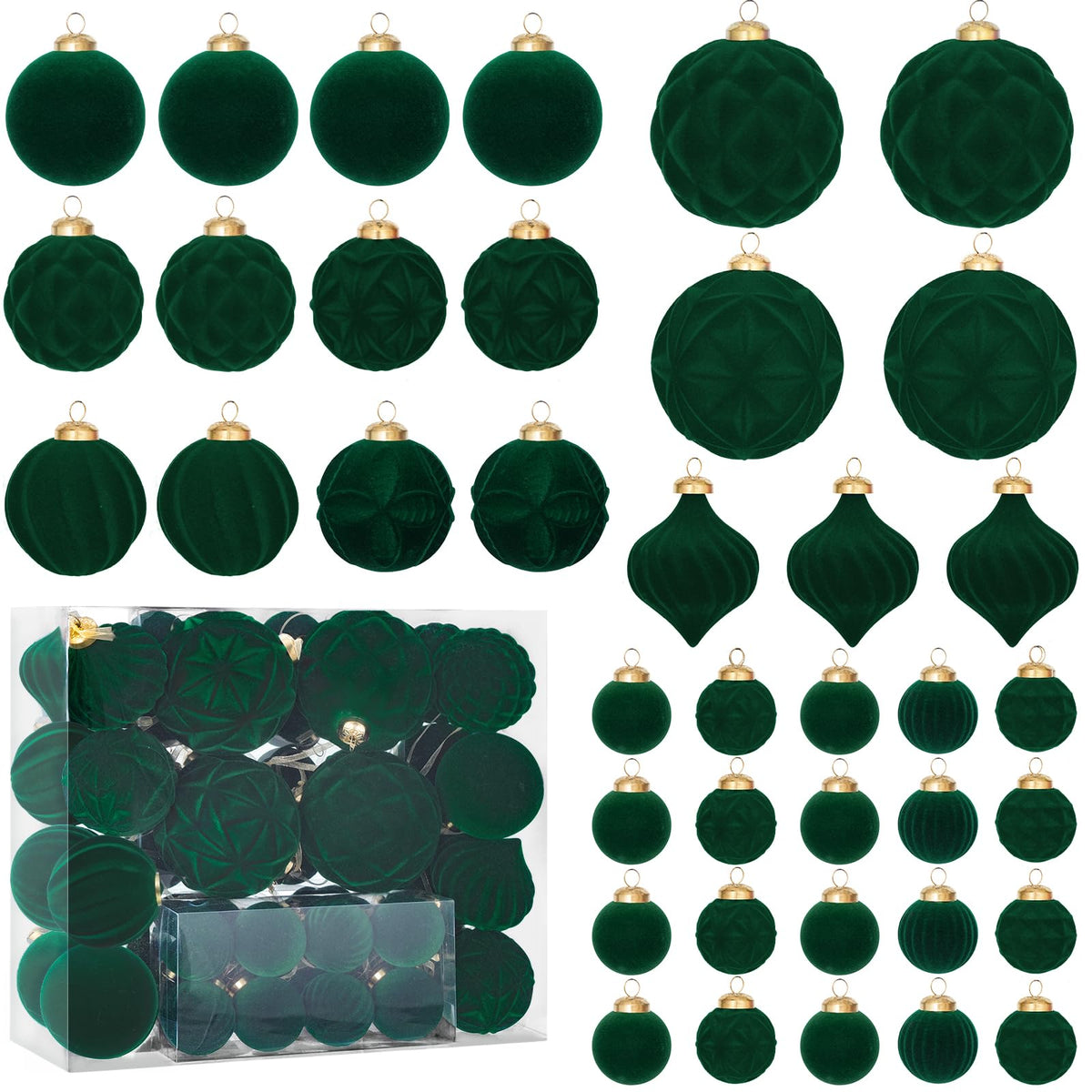 FLAGLY front packaging showing full 46-piece velvet ornament set and contents