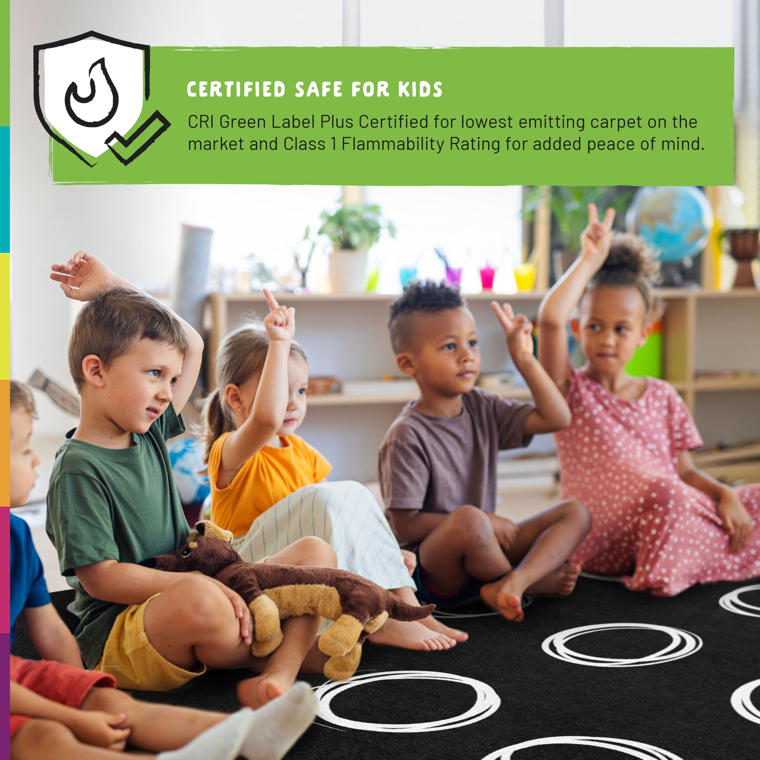Flagship Carpets pattern detail showing vivid printed circles that maintain bright classroom visuals