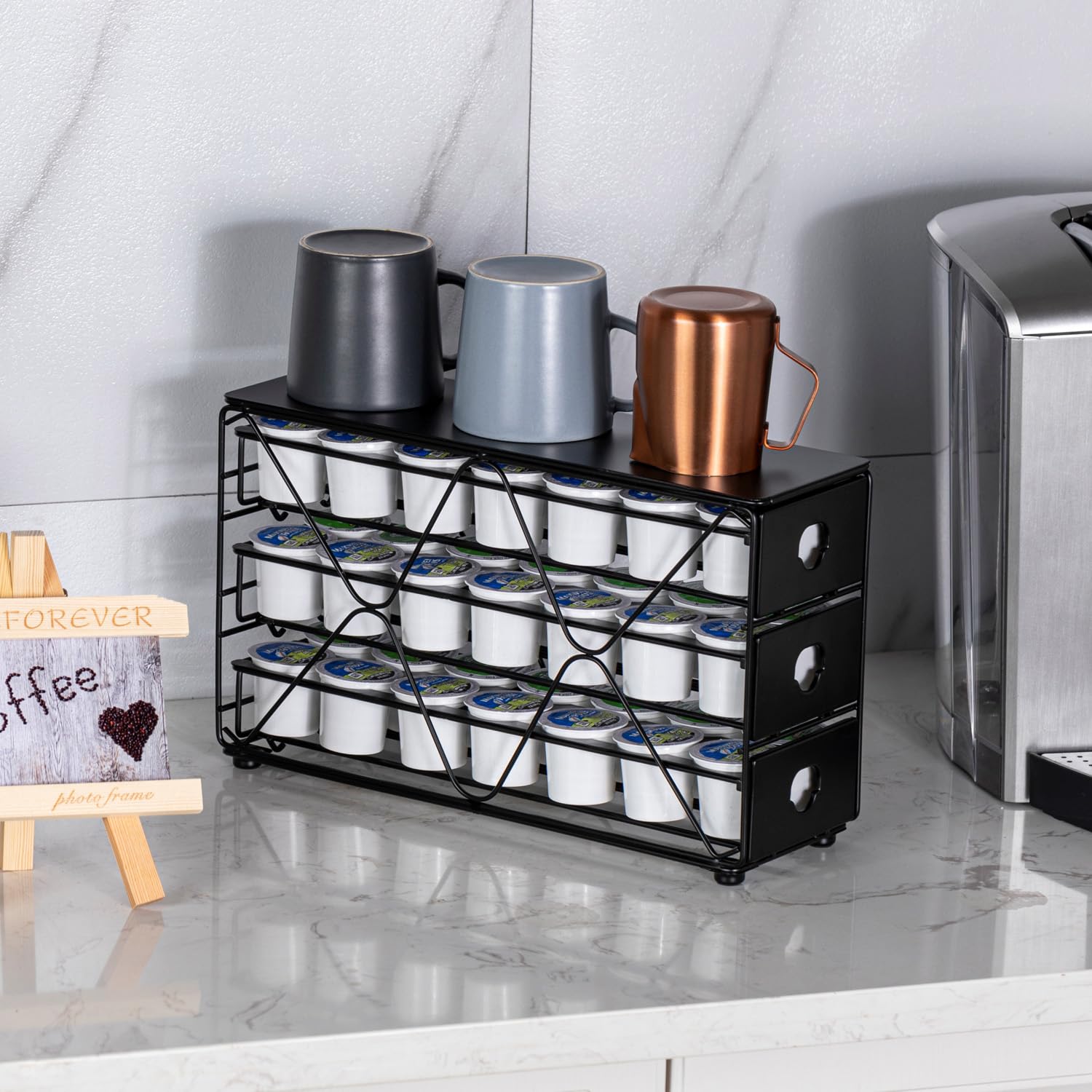 FlagShip beside coffee machine showing organized coffee station benefit