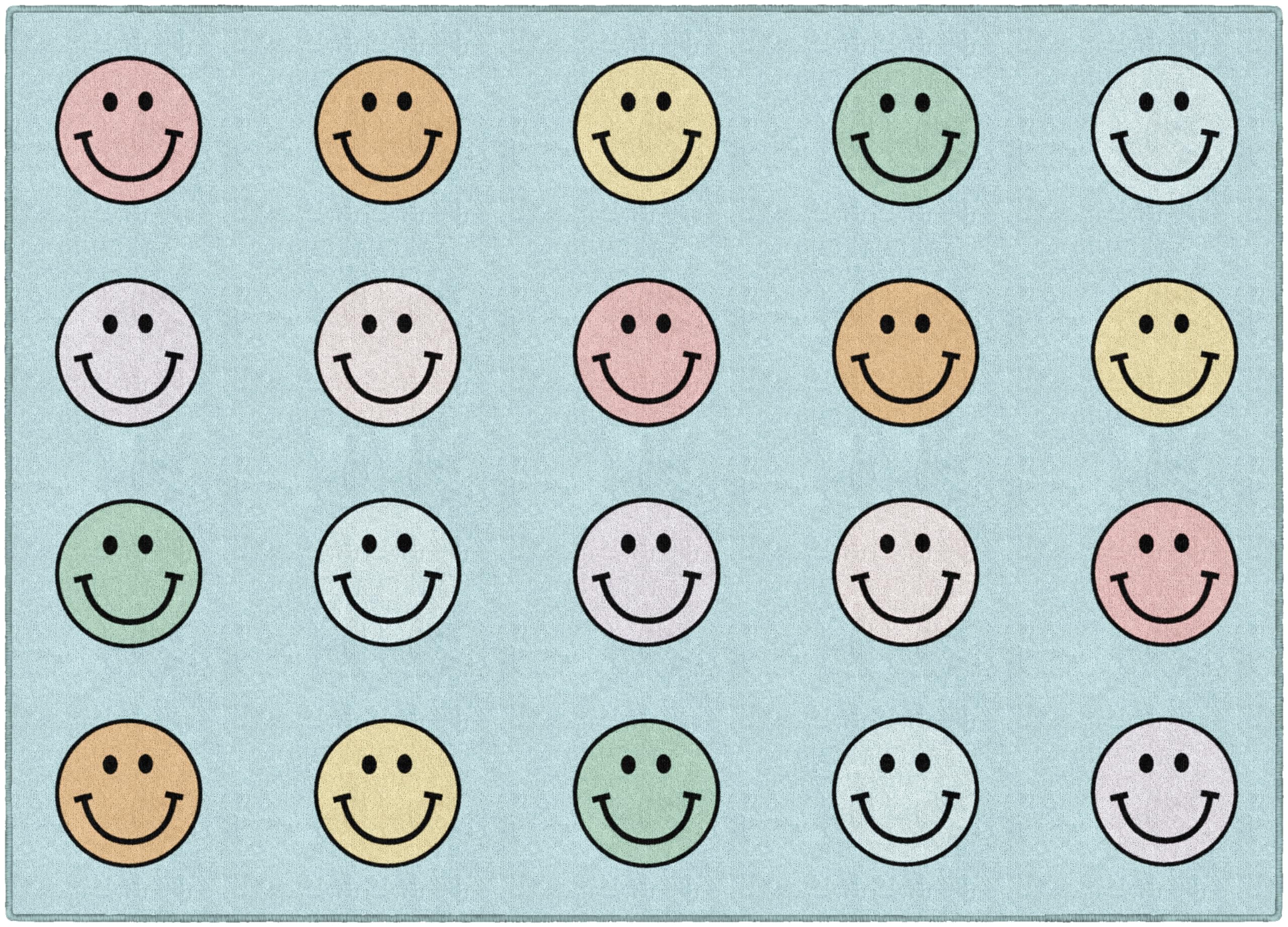 Flagship Carpets front view of pastel rainbow smileys rug shows cheerful seating spots