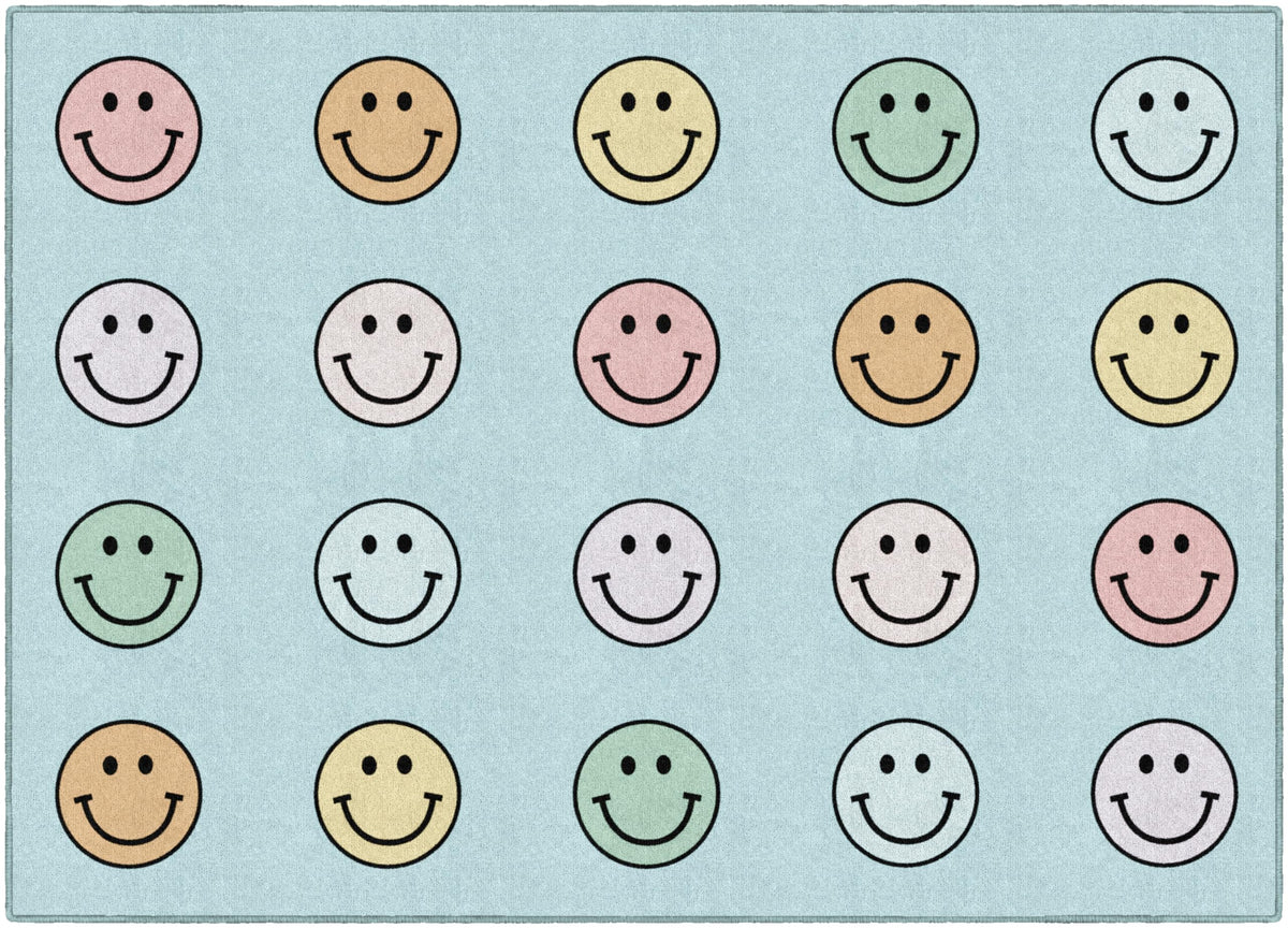 Flagship Carpets front view of pastel rainbow smileys rug shows cheerful seating spots