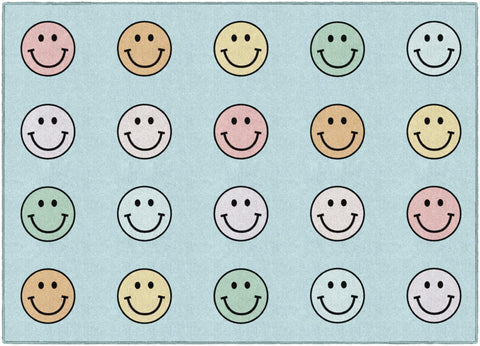 Flagship Carpets front view of pastel rainbow smileys rug shows cheerful seating spots