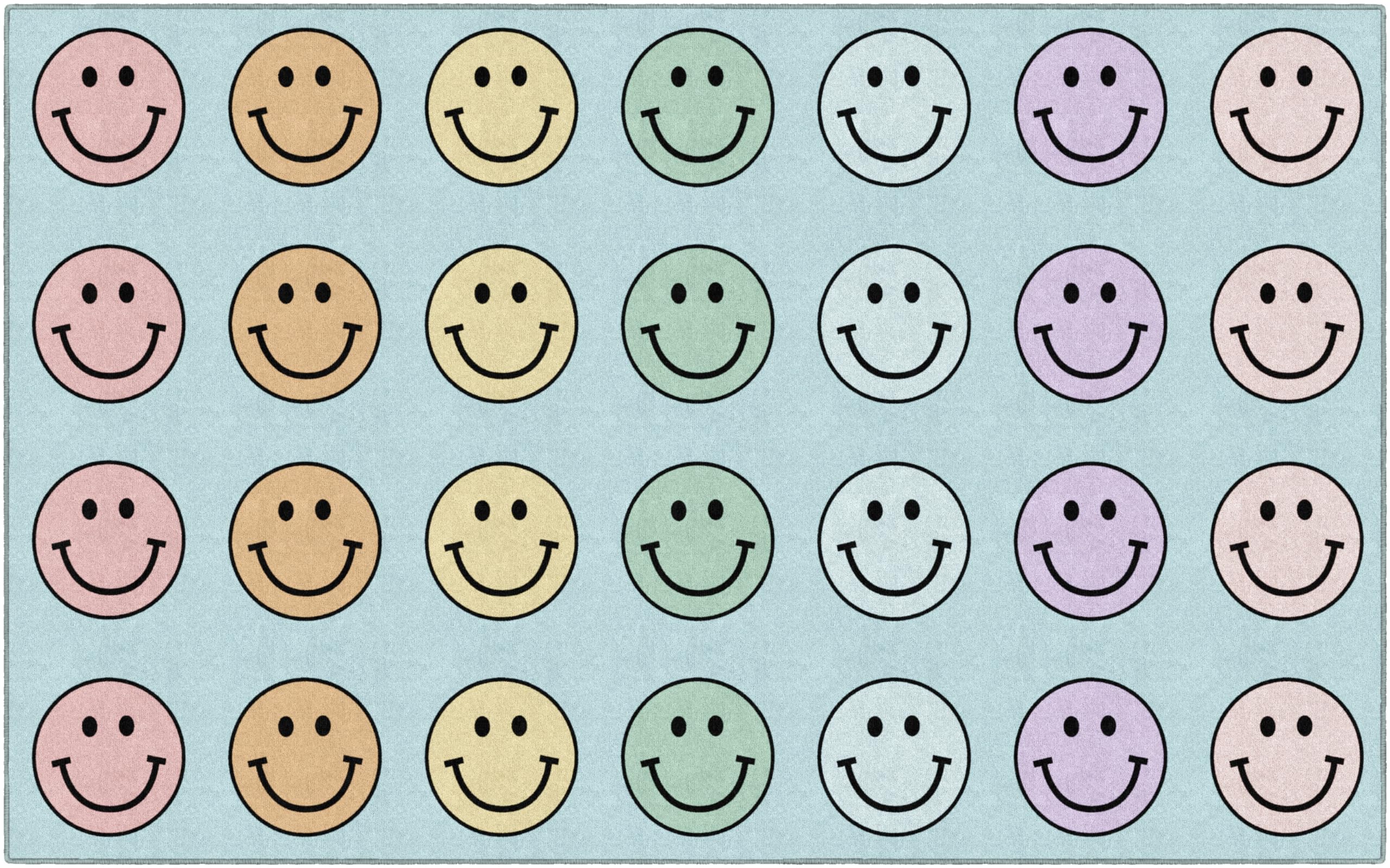 Flagship Carpets front view of pastel smileys rug showing seating layout and bright design