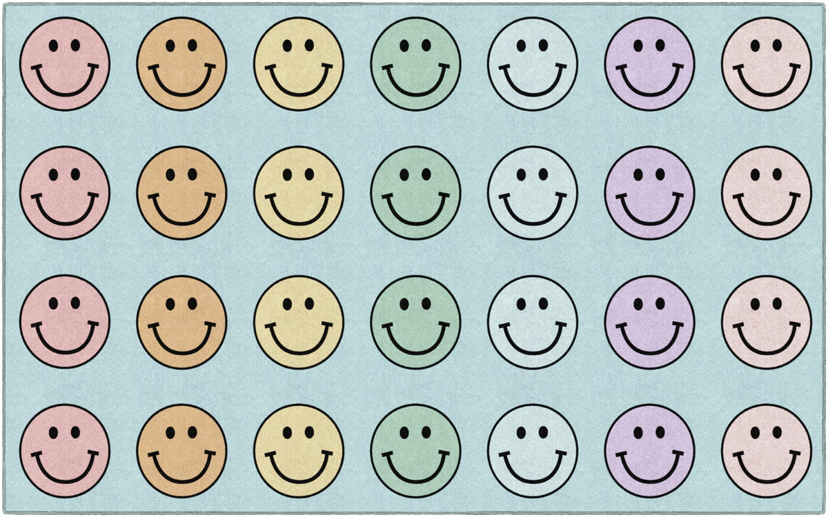 Flagship Carpets front view of pastel smileys rug showing seating layout and bright design