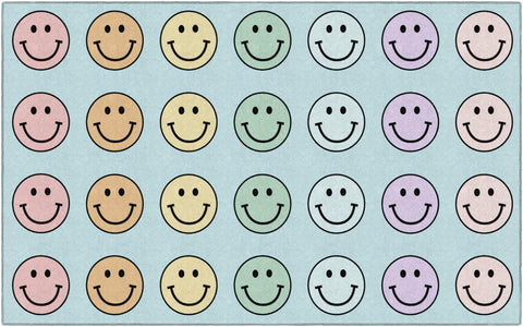 Flagship Carpets front view of pastel smileys rug showing seating layout and bright design