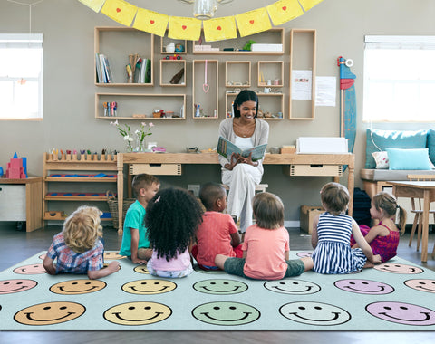 Flagship Carpets lifestyle scene in playroom showing cheerful rug encouraging play