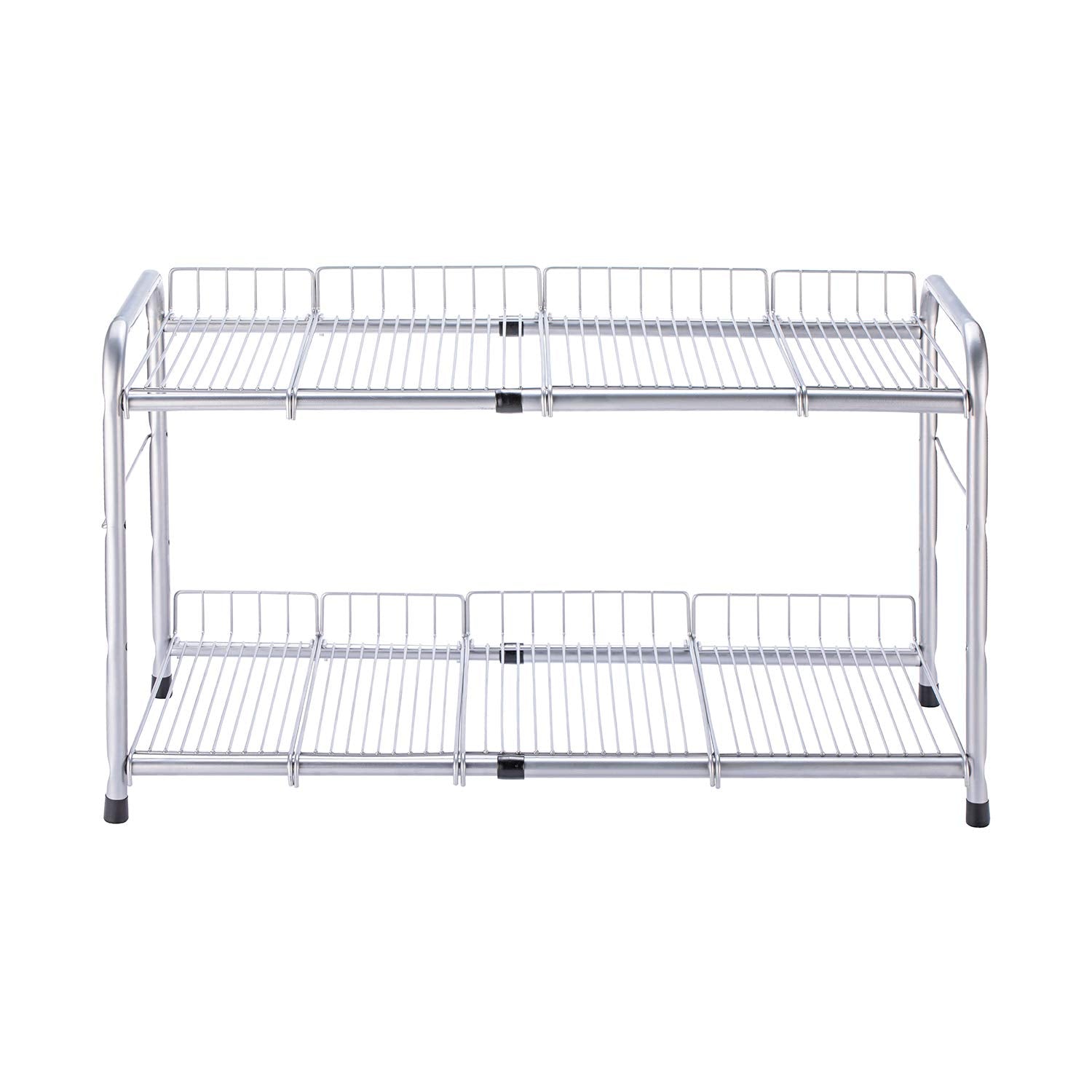 FlagShip front view of expandable under-sink shelf showing two-tier storage and neat organization